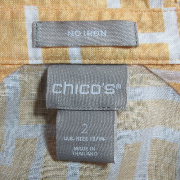 Chicos No Iron Linen Button Up Top Size L 2 Yellow White Geometric 3/4 Sleeve - Picture 6 of 8